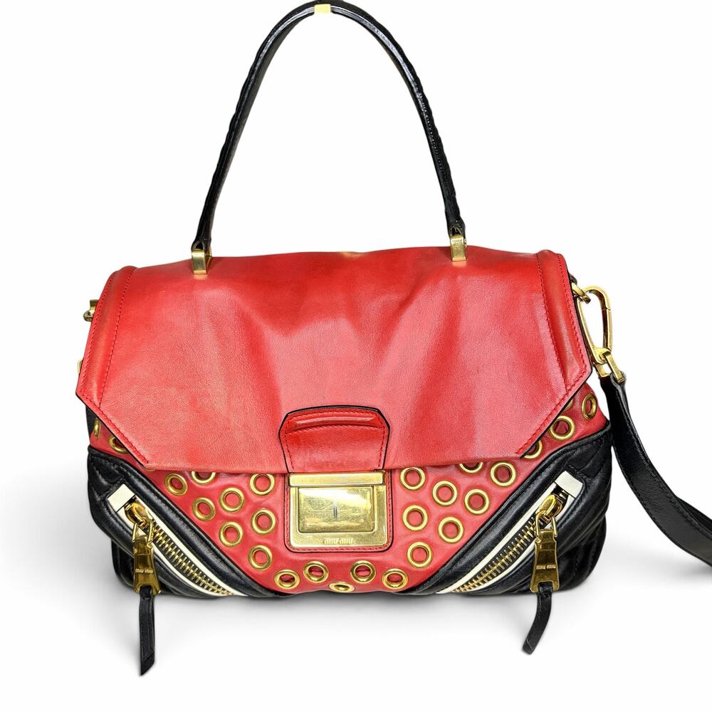 Miu Miu Red Black Leather Grommet Biker Bag Top Handle Crossbody Strap